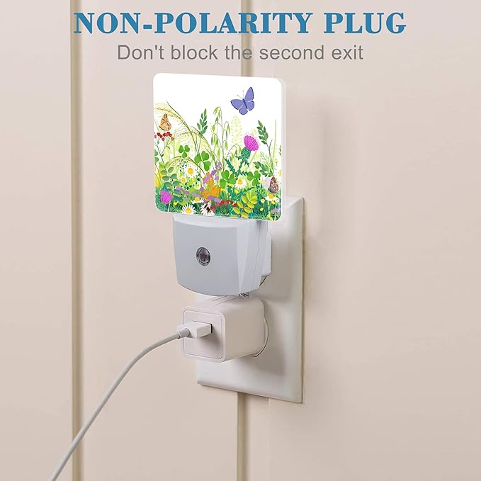 Summer Meadow Plants and Insects Night Light Plug into Wall with Dusk to Dawn Sensor Cute Nightlight for Kid Girls Boys Women Men Room Decor, Hallway, Kitchen, Bathroom, Nursery, Stairs