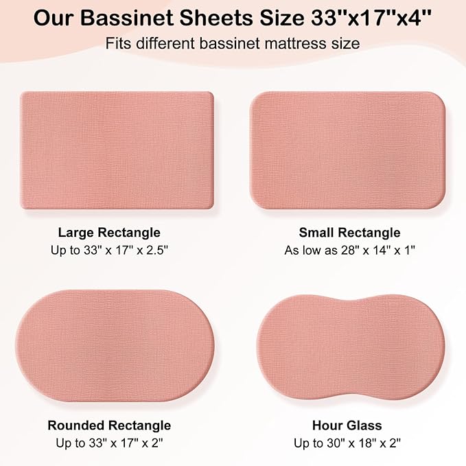 Baby Bassinet Sheets TPU Waterproof 2 Pack Soft Muslin Bedside Bassinet Mattress Sheets with Bottom Elastic Band for Baby Boy Girls Unisex Fit Hourglass Oval and Rectangle, Pink Beige