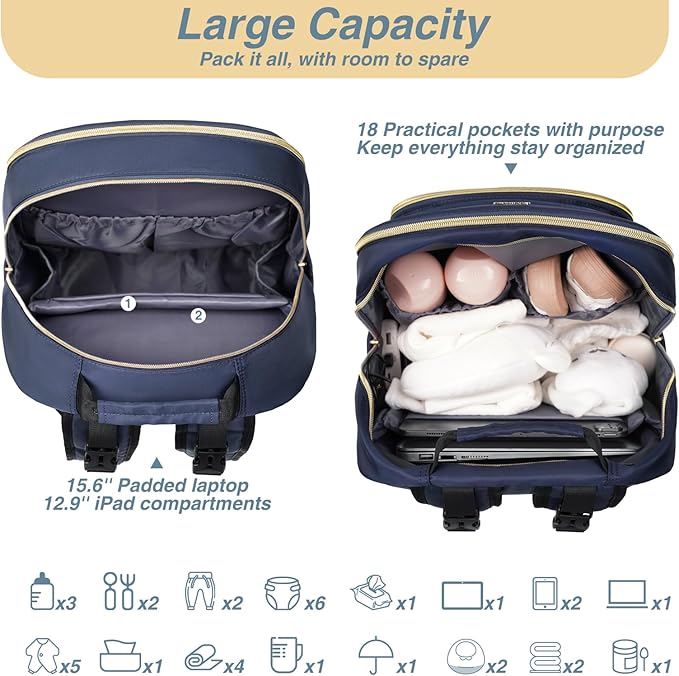 MOMUVO Diaper Bag Backpack, Quilted Baby Bag with Changing Pad & Stroller Straps & Pacifier Case, Large Travel Diaper Bags for Mom Dad, Blue