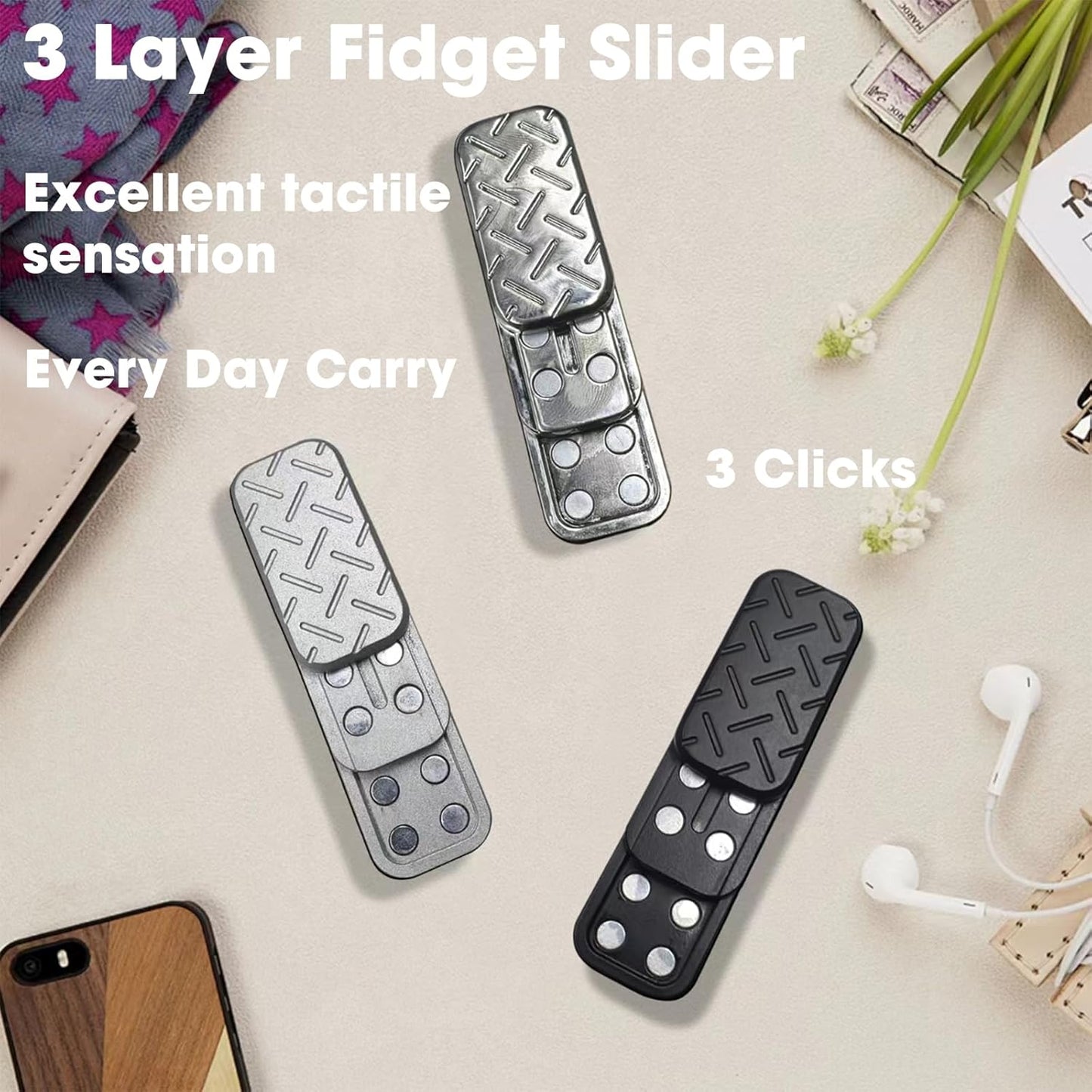 Fidget Slider 3 Layer EDC Metal Magnetic Fidget Toys Adults, Desk Toys Gift for Stress Relief (Grey)