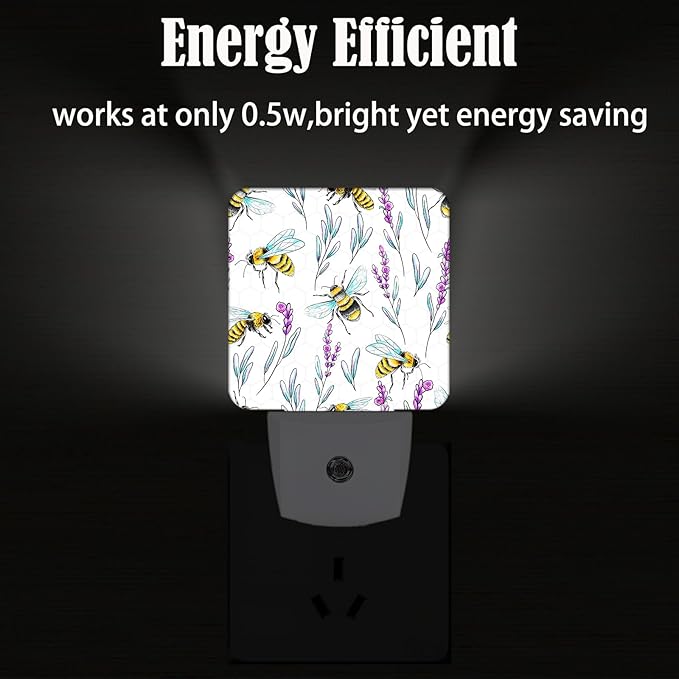 Bees and Lavender Flowers Night Light,Plug-in Night Lights with Dusk-to-Dawn Sensor for Stairway,Hallway,Bedroom Sleep Friendly Ideal for Women/Girls/Boys Gift,0.5w