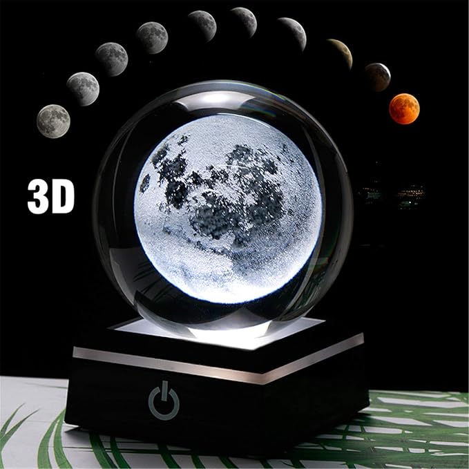 Qianwei 3D Moon Model Crystal Ball Led Lamp Base - Space Decor World Globe Planets Sphere Night Light 80mm 3.15 Inch - Solar System Decor Best Birthday Astronomy Gifts for Men Physics Science Teacher