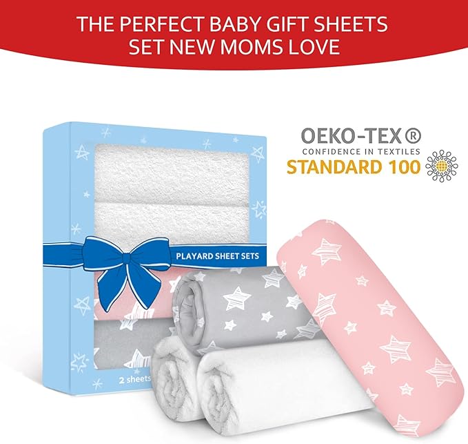 Pack and Play Sheets & Waterproof Terry Pack N Play Mattress Protector Pad Cover 4 Pack, Viscose Terry Pack N Play Sheets Set, Grey & Pink