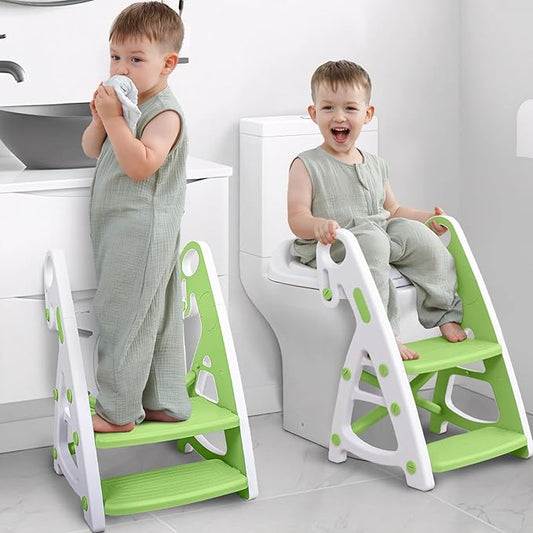 Primlect Potty Training Seat, 2-in-1 Toddler Toilet Seat with Step Stool, Ultra-Stable Potty Chair Attachment, Adjustable Seat and Step Ladder, Non-Slip Design, Splash Guard for Boys and Girls(Green)