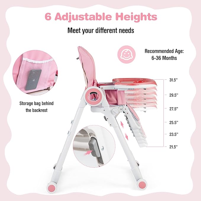BABY JOY High Chair for Babies & Toddlers, Foldable Highchair with Adjustable Backrest/Footrest/Seat Height, Double Removable Trays, Detachable Seat Cushion, 4 Lockable Wheels (Pink)