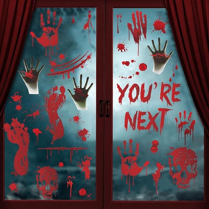 5 Sheets Halloween Window Cling Halloween Bloody Handprint Footprint Window Stickers Double-Side Blood Skull Blood Drop Window Stickers Bloody Handprint Stickers for Scary Party Decoration