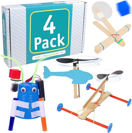 STEM Kit 4-Pack – Rubber Band Helicopter, Motorized Scribble Bot, Catapult, Propeller Car – STEM Kit for Kids Ages 8-12, Homeschool, Classroom Projects