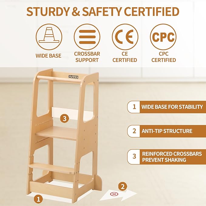Toddler Kitchen Helper Tower for Ages 1–6 – 3-Level Adjustable Learning Tower with Safety Design, Toddler Standing Tower & Kitchen Helper Stool, CPC Certified, Natural