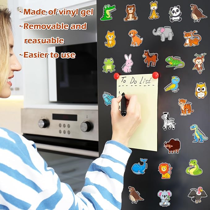 Whaline 2 Sheets Animal Alphabet Thick Gel Clings Cute Cartoon 26 A-Z Letters Animal Reusable Window Decals for Educational Spelling Learning Home Classroom Nursery Decor