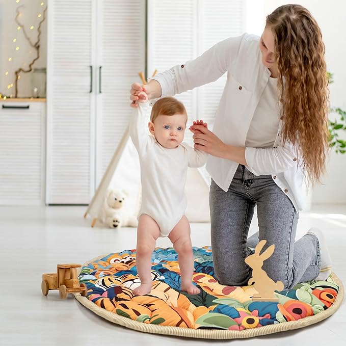 Baby Play Mat Round for Floor, GFU Non-Slip 40x40 Round Mat, Thick One-Piece Crawling Mat Animals, Infants Playmat Foldable and Machine Washable for Boys and Girls