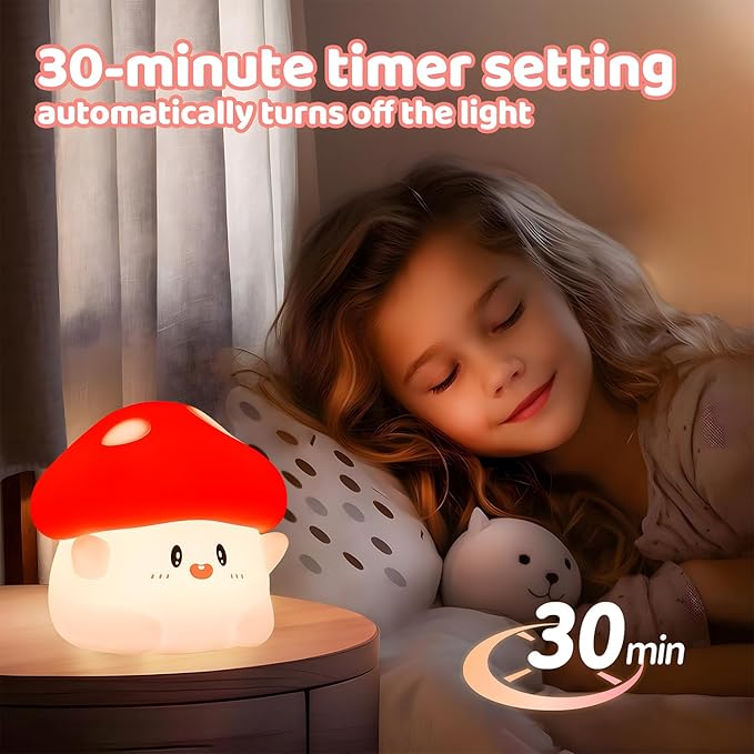 Mushroom Night Light,LED Cute Silicone Squishy Lamp Rechargeable Nursery Nightlight with 2 Level Dimmable Bedside Touch Lamp for Bedroom Kids Room Mushroom Decor Gifts