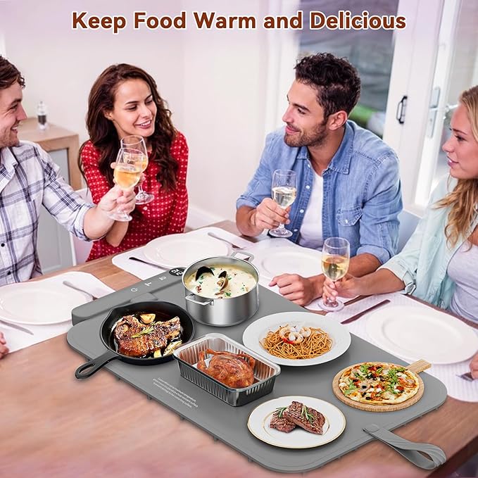 Upgrade Graphene Food Warming Mat for Countertop- Full Surface Heating, Waterproof Electric Warming Tray with 6 Temp Modes & 6H Timer for Parties, Gifts for Mom (Gray)