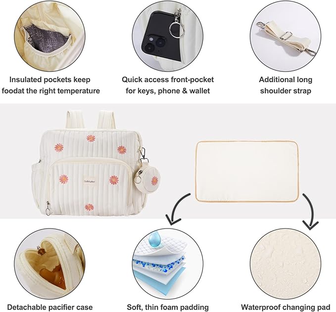 Diaper Bag Backpack, Medium Maternity baby bag & Changing Pad, Insulated Pockets, Stroller Straps & Pacifier Case (Medium - Beige Flowers)