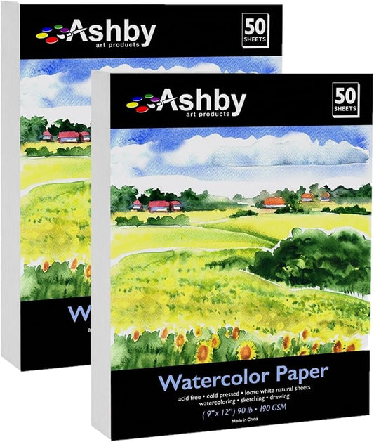 100 Sheets of Practice Watercolor Paper (9" x 12") - 190 GSM, Acid-Free and Cold Pressed.. Perfect for Painting, Sketching or Drawing. Wet, Dry and Mixed Media. Bulk Pack