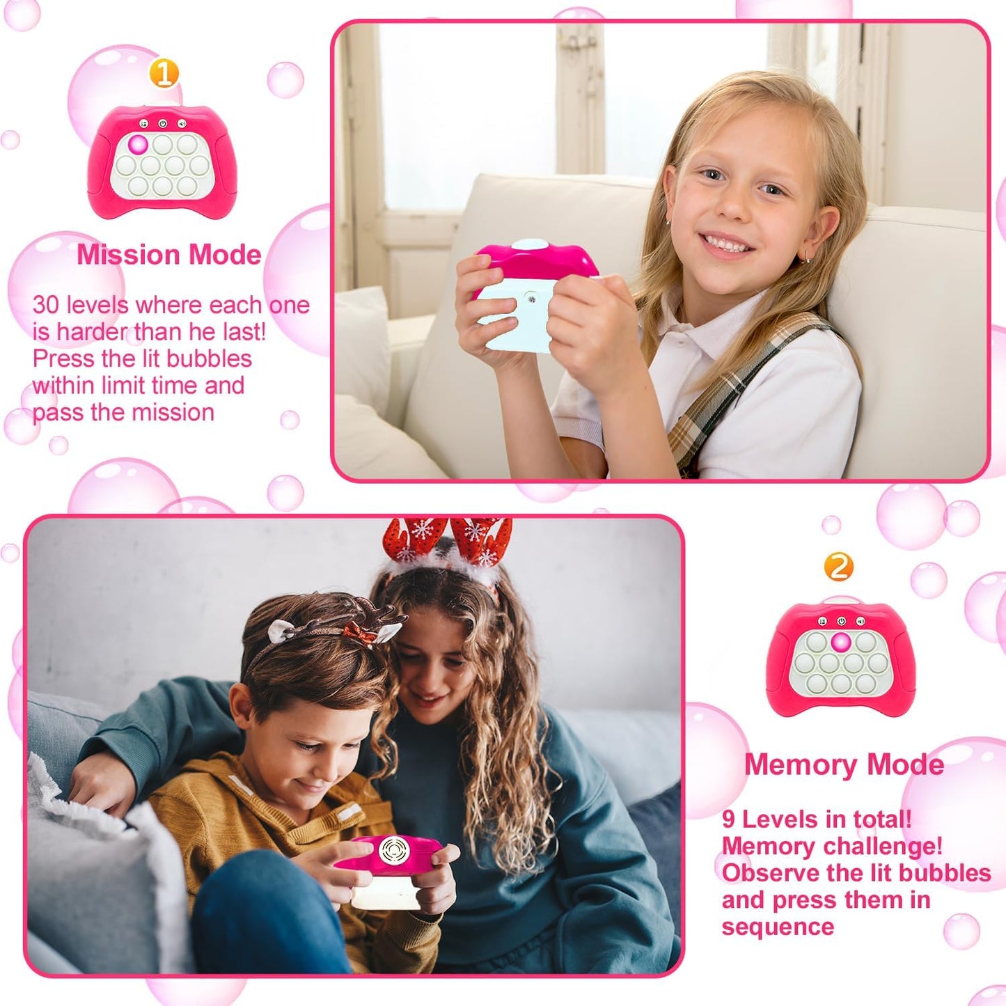 Quick Push Puzzle Game Machine Pop Fidget Light-Up Squeeze Poppet Sensory Toy Educational Push Pop Bubble Toy Stress Relief Party Favors Puzzle Game for Kids Teens Adults （Pink）