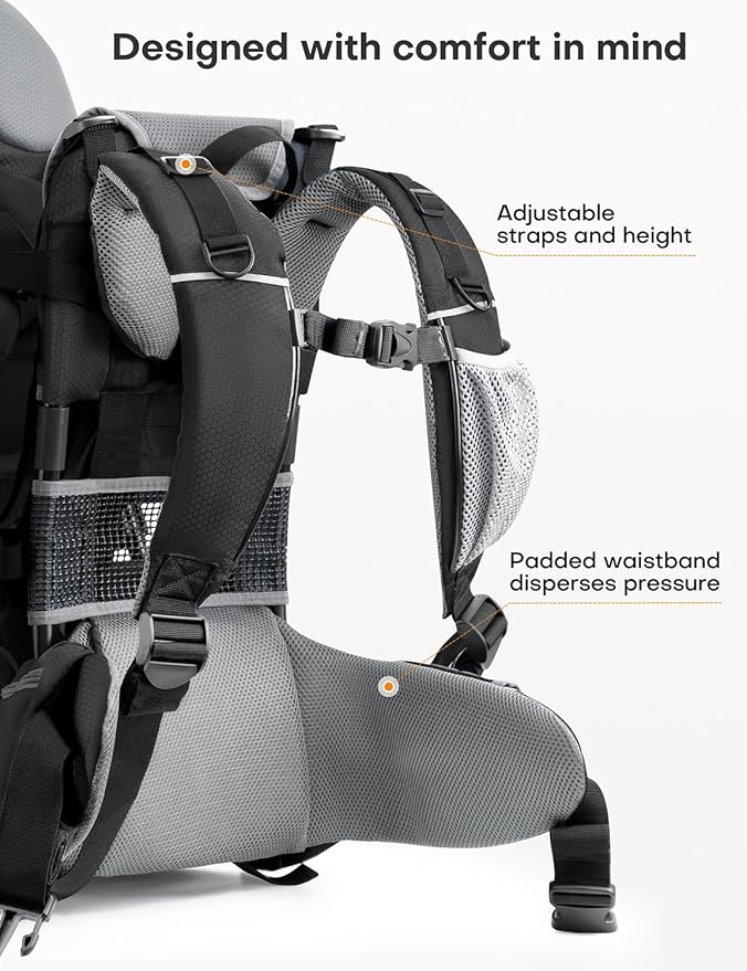 besrey Baby Backpack Carrier, Toddler Hiking Backpack with Safety 3-Height Seat, Adjustable Straps&Waist Belt, Foldable Frame Lightweight Large Capacity Child Carrier for Hiking (Black/Grey)