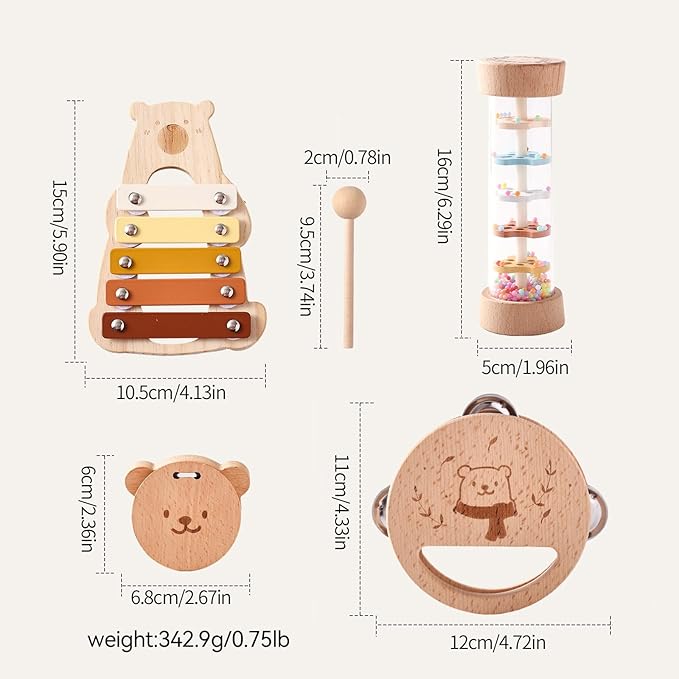 Baby Musical Instruments - Your Child's First Musical Toys with Castanet Rainmaker Tambourine Xylophone - Baby Friendly Design Wooden Instruments Set Grow with Your Boys and Girls