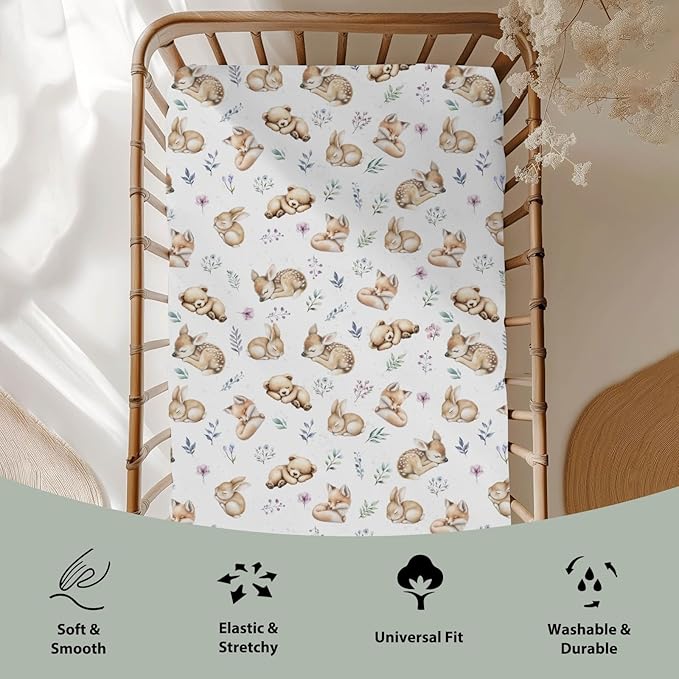 Sleeping Spring Animals Baby Crib Sheets Boy Girl 28"x52" Bear Deer Bunny Floral Leaves Soft Snug Fitted Crib Mattress Cover Cute Animals Baby Sheet for Standard Crib & Toddler Mattress