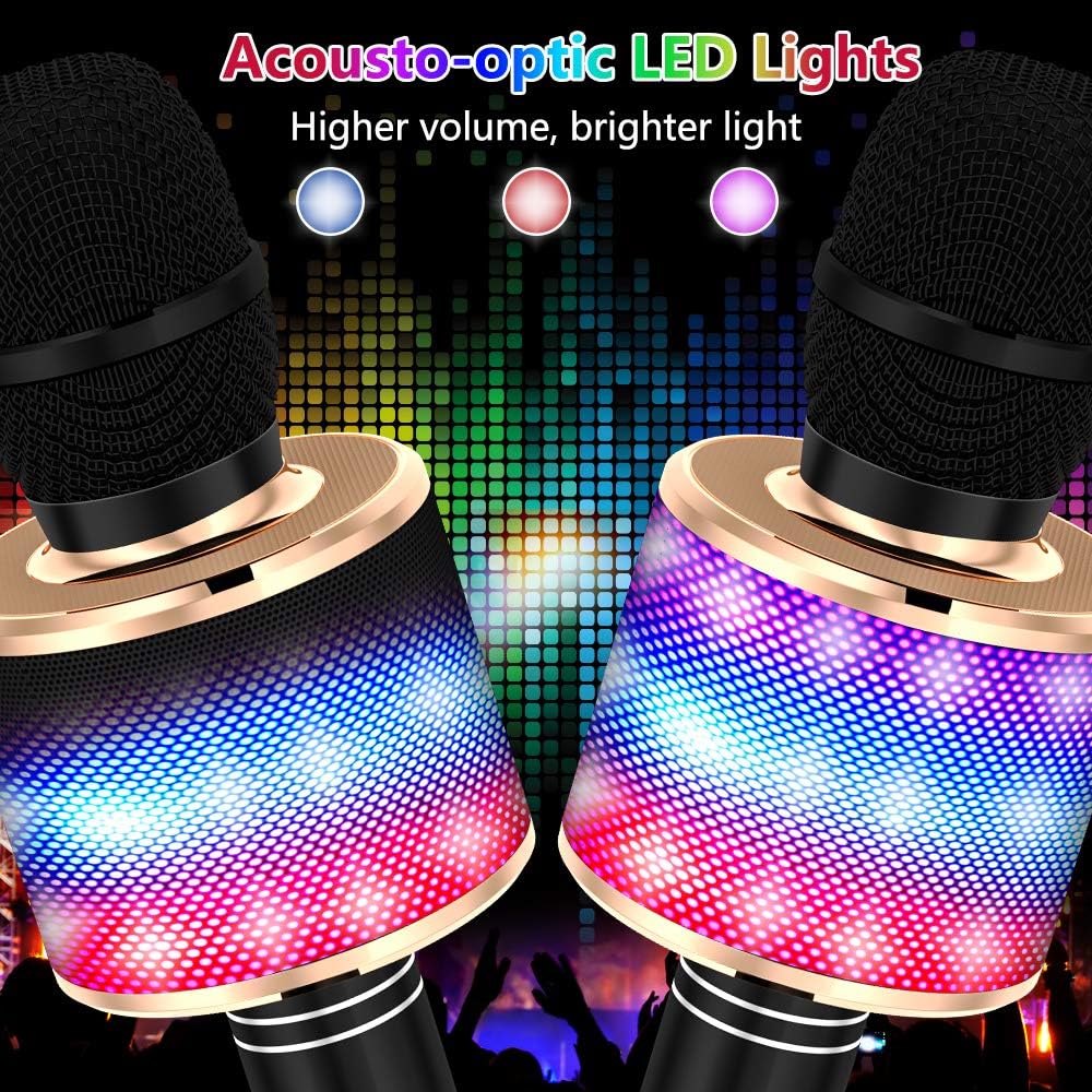 Amazmic Kids Karaoke Microphone Machine Toy Bluetooth Microphone Portable Wireless Karaoke Machine Handheld with LED Lights, Gift for Children Adults Birthday Party, Home KTV(Black Gold)