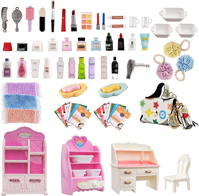 74Pcs Dollhouse Acessories Furniture Mini Cabinet with Drawers Case Handbag Towel Cosmetic Set Bathroom Toothbrush Shampoo Hair Dryer Comb Purse Decor DIY Doll Backpack Girl Micro Scene Makeup