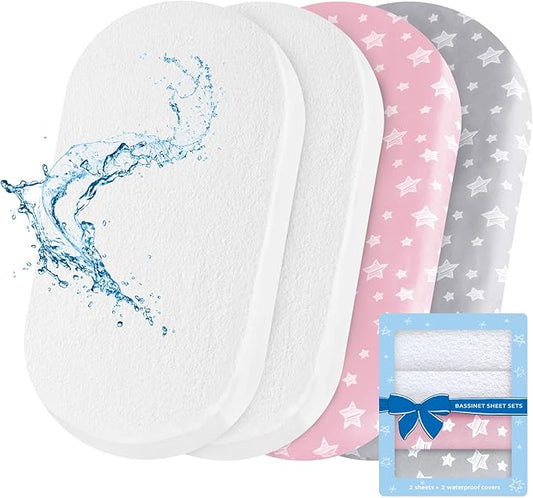 Bassinet Sheets & Waterproof Bassinet Mattress Pad Protector 4 Pack Set, Universal Fit for Oval, Hourglass and Rectangular Mattress, Grey & Pink