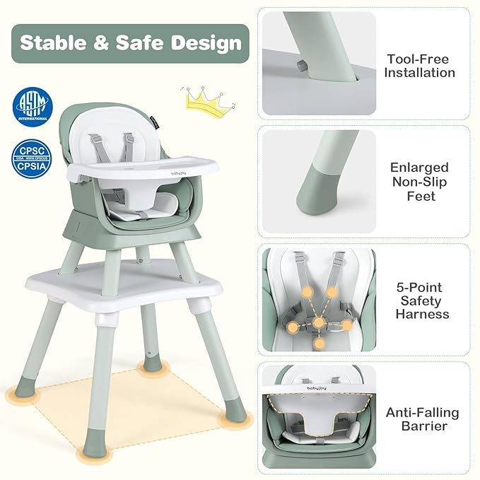 BABY JOY Baby High Chair, 8 in 1 Convertible Highchair for Babies & Toddlers | Booster Seat | Table and Chair Set | Building Block Table | Toddler Chair with Safety Harness, Removable Tray (Green)