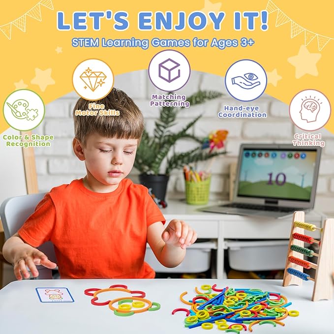 142pcs Wooden Pattern Blocks Shape Puzzles Sticks & Rings Wooden Tangram Puzzle Stem Preschool Brain Teaser Montessori Toys Gift for 3 4 5 Years Old Activity Kids Boy Girl