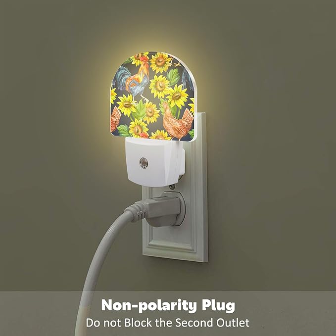 Vintage Hen Rooster with Sunflowers Night Light, Watercolor Farm Animals Floral Dusk to Dawn Night Light Plug in,0.5w Energy Saving Sleep Friendly NightLight for Kids Boys Girls Home Decor
