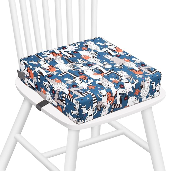 Zicac Portable Toddler Booster Seat for Dining Table, Safer Non-Slip Kids Booster Seat with Double Adjustable Straps, Washable Detachable Strong Support Increasing Cushion for Child (White Blue)