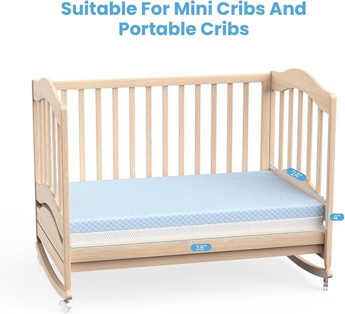 Mini Crib Mattress, 38x24X4 Inch Dual Sided Comfort Gel Memory Foam, Breathable Premium Baby Mattress for Mini and Portable Cribs w/Removable Outer Cover - White&Blue