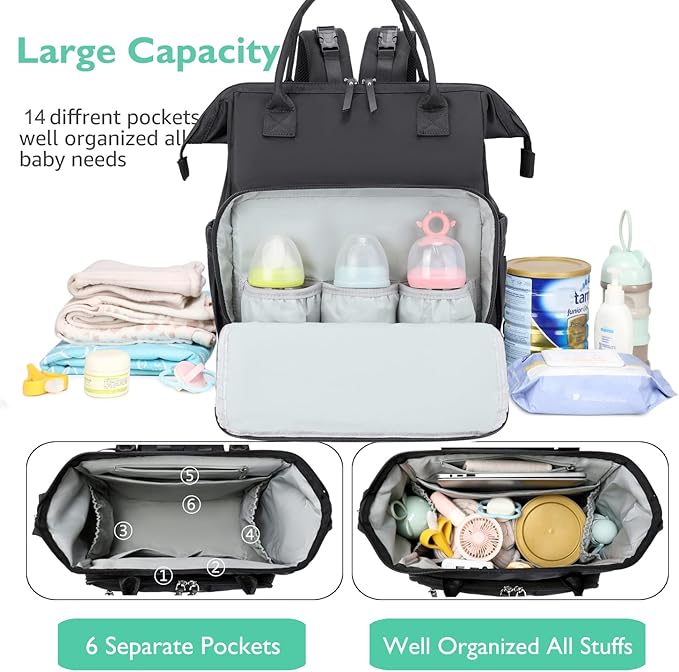 Convertible Diaper Bag Tote, Wide Open Top 14 Pockets Stylish Baby Diaper Bag with Stroller Buckle, Water-resistant (Black-silver, Extral-large)