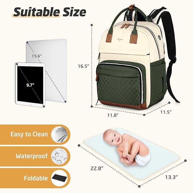 Diaper Bag Backpack - Extra Large Diaper Bag for 2 Kids Twin, Travel Baby Bags for Mom Dad 25-37L Expandable with Changing Pad Earphone Hole, Apricot Green