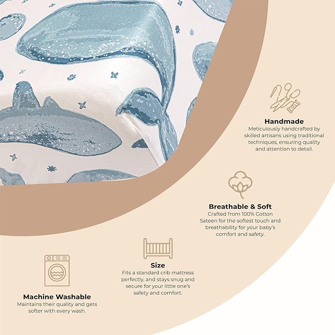 Crane Baby Ocean Crib Sheet, 100% Cotton Fitted Sheet, 28" x 52", Crib Sheets for Boys, Toddler Bed Sheets, Ocean Nursery Decor