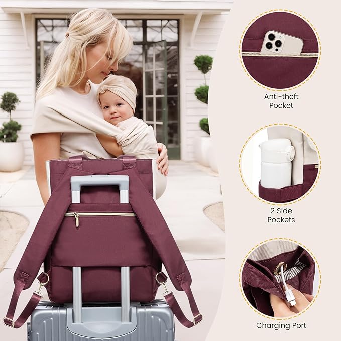 LOVEVOOK Diaper Bag Backpack,Diaper Bag Tote with Insulated Pockets,Baby Bag for Girl Boy with Changing Pad,Large Baby Diaper Bag with Pacifier Case,Anti-Theft Travel Backpack for Women,Red-White