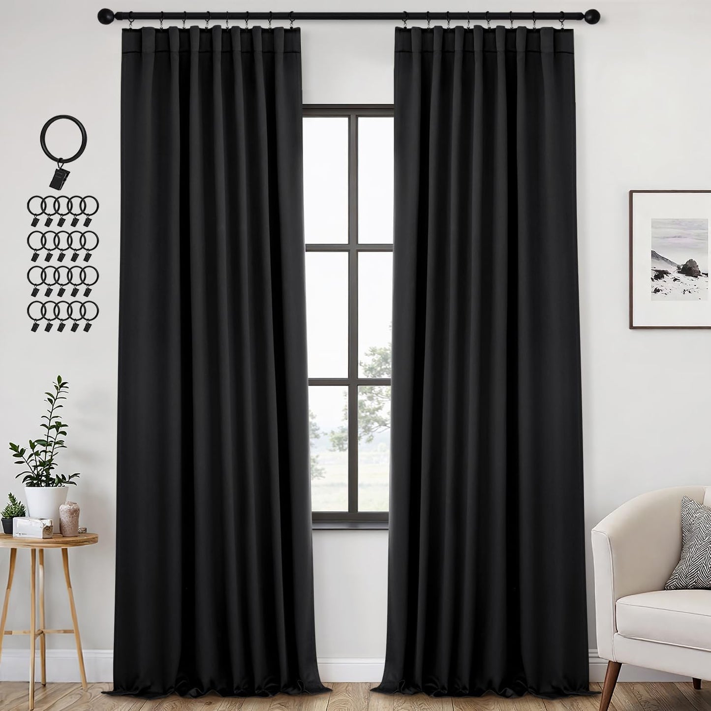 ANRODUO Back Tab Blackout Curtains for Bedroom Living Room, Rod Pocket Pinch Pleated Thermal Insulated Room Darkening Curtains 94 Inches Long 2 Panels, Black, 42 x 94 Inch