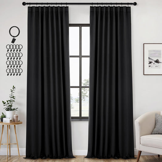 ANRODUO Back Tab Blackout Curtains for Bedroom Living Room, Rod Pocket Pinch Pleated Thermal Insulated Room Darkening Curtains 96 Inches Long 2 Panels, Black, 42 x 96 Inch