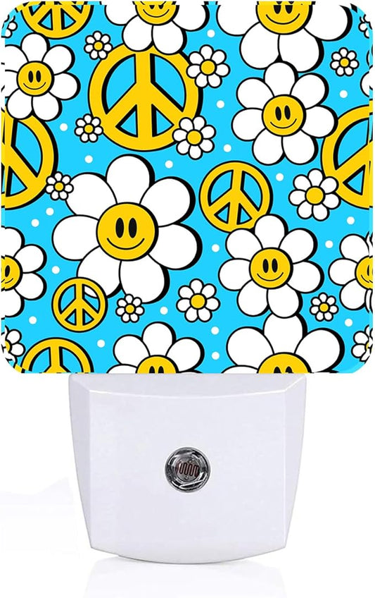 Peace Hippie in Flower Night Light,Plug-in Night Lights with Dusk to Dawn Sensor for Stairway,Hallway,Bedroom Sleep Friendly Ideal for Women/Girls/Boys Gift,0.5w