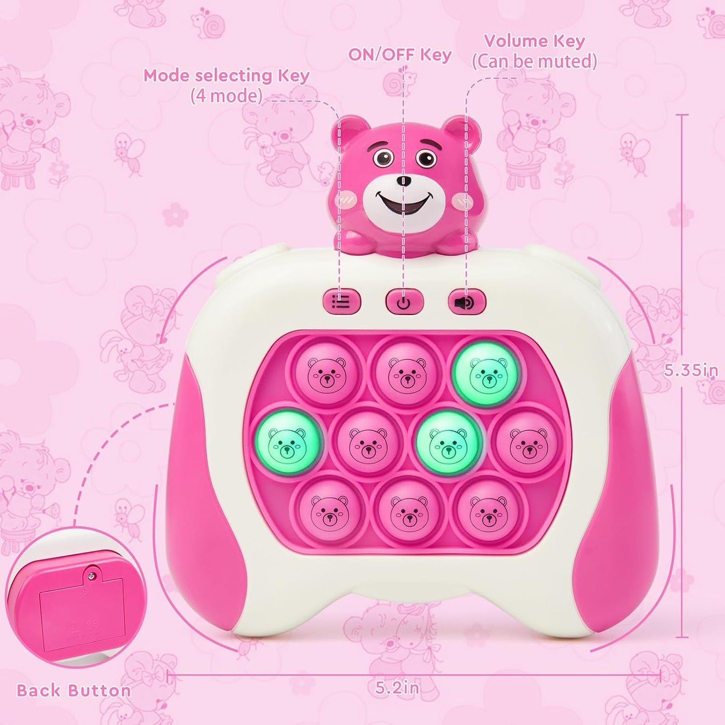 Quick Push Fidget Toy for Kids Adults, Fast Speed Pushing Game Console, Handheld Push Bubble Stress Relief Toy Bear-Pink