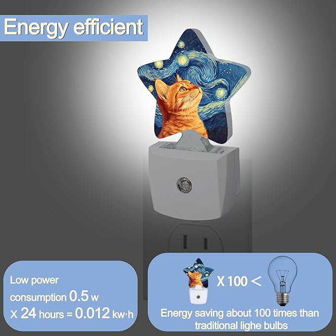 Starry Night Cat Night Lights Plug Into Wall,Abstract Oil Painting Star Night Light for Kids,Nightlight with Dusk to Dawn Smart Sensor for Bedroom Bathroom Decor,Children Women Men Gift