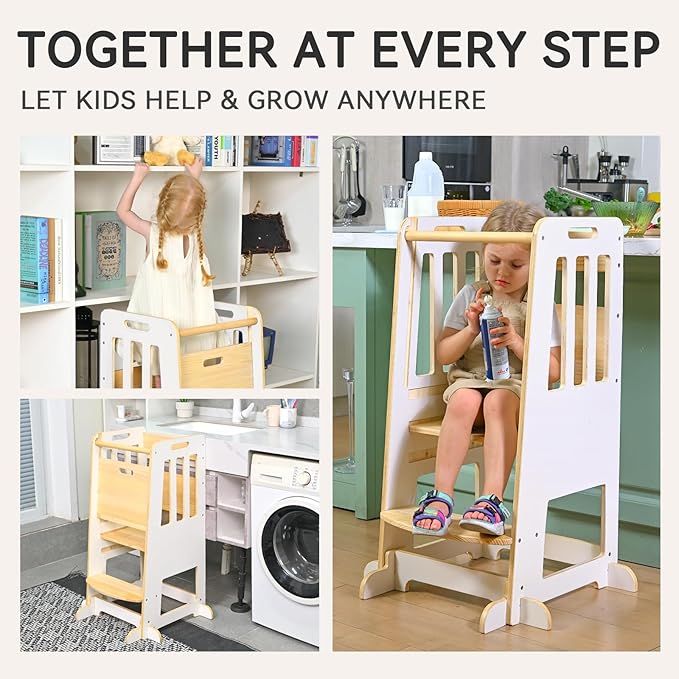 WINGYZ Toddler Kitchen Stool – Adjustable Helper Tower for Kids with Safety Rail, Wooden Standing Step-Up Stool, Sliding Door & Stable Base, White