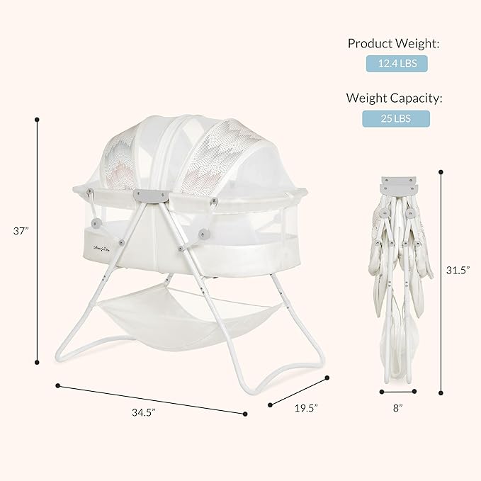 Dream On Me Karley Bassinet in Dove White, Lightweight Portable Baby Bassinet, Quick Fold and Easy to Carry, Adjustable Double Canopy, Indoor and Outdoor Bassinet with Large Storage Basket.