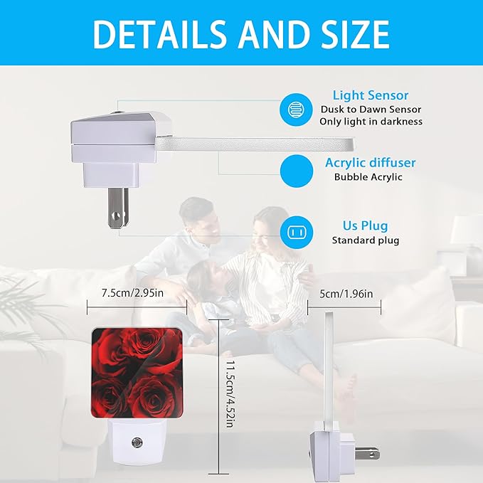Rose Night Lights Plug into Wall Abstract Red Rose and Black Leaves Night Lights Dusk to Dawn Sensor Led Lamp for Women Men,Led Lights for Stairway/Hallway/Bedroom,0.5W