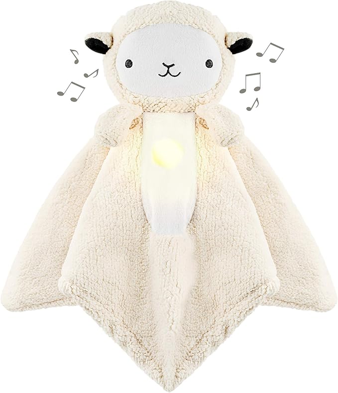Wavhello LoveBub Sound & Light Baby Security Blanket Lovey, Plush Lullaby Music Player, White Noise Soother & Soft Night Light, Machine Washable - Lou The Lamb (White Minky, 18")