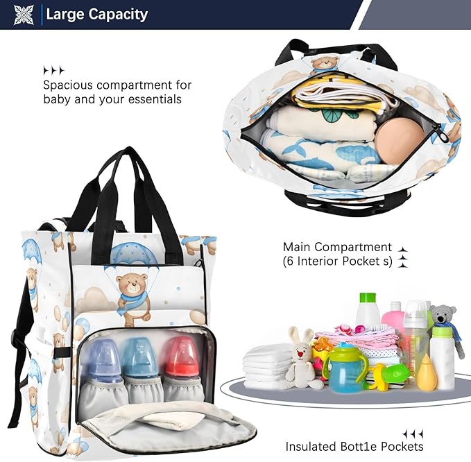 Cozy Bear Motif Diaper Bag Backpack, Unisex Travel Baby Backpack Diaper Bags with Stroller Straps & Pacifier Case, Large Capacity Waterproof Diaper Backpack