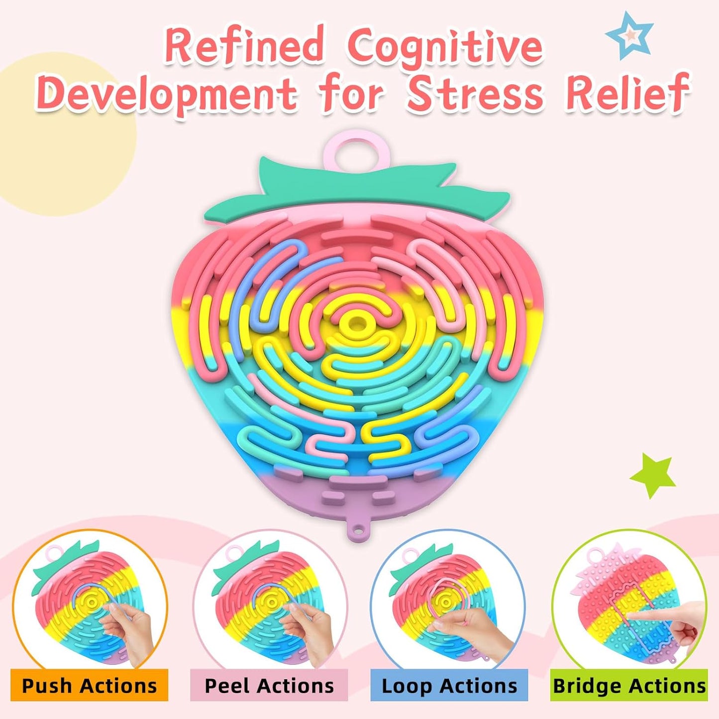 Silicone Sensory Activity Board,2 in 1 Busy Board for Fine Motor Skill, Montessori Fidget Toy for Calming, Stress, Anxiety, ADHD , Autism , Silent, No Mess , Kids 3+ & Adults (Colorful, Strawberry)