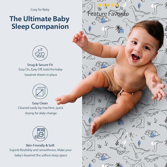 Baby Bassinet Sheets Girl Boy, Fitted Bassinet Sheet Set 3 Pack Bassinet Mattress Sheets Universal Fit for Rectangle, Round, Oval, Hourglass Mattress, Soft Breathable Grey & Blue Car