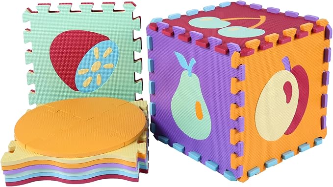 Foam Play Mat for Kids，25Pcs Square Interlocking Puzzle Floor Mat，Baby Play Mat Floor Mat Foam Puzzle Playmat for Toddlers with Fence（Fruit-CSH008