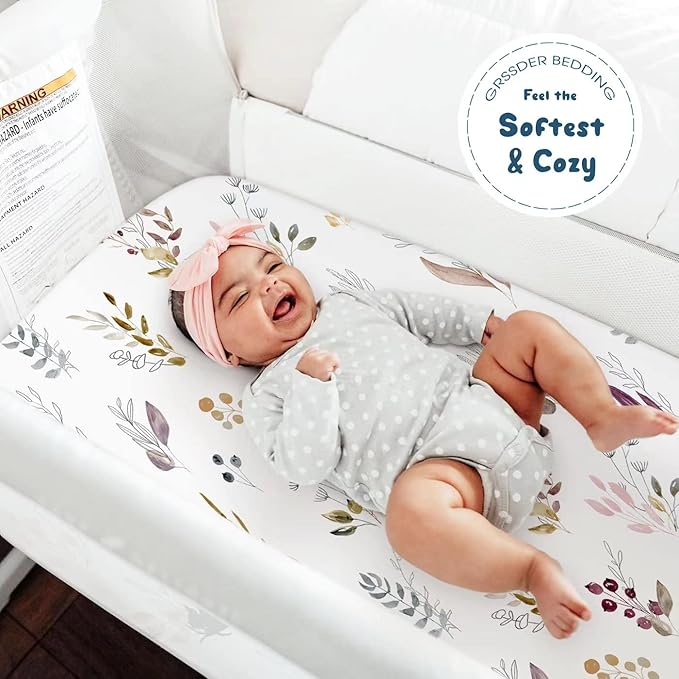 GRSSDER Stretchy Ultra Soft Fitted Bassinet Sheet Set 2 Pack, Universal Fit for Bassinets Baby Cradle Moses Basket Oval Rectangle Mattress, Watercolor Pretty Purple Flora for Girls