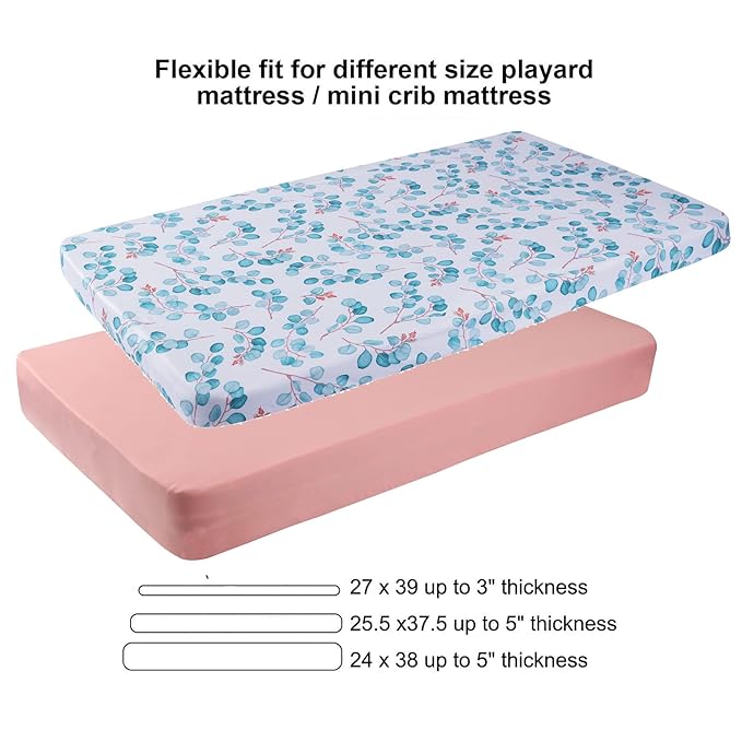 Onacosht Pack n Play Sheets 2 Pack for Baby Girl, Stretchy Jersey Knitted Playard Fitted Sheets Portable Mini Crib Mattress Cover, Watercolor Green Leaf and Plain Pink