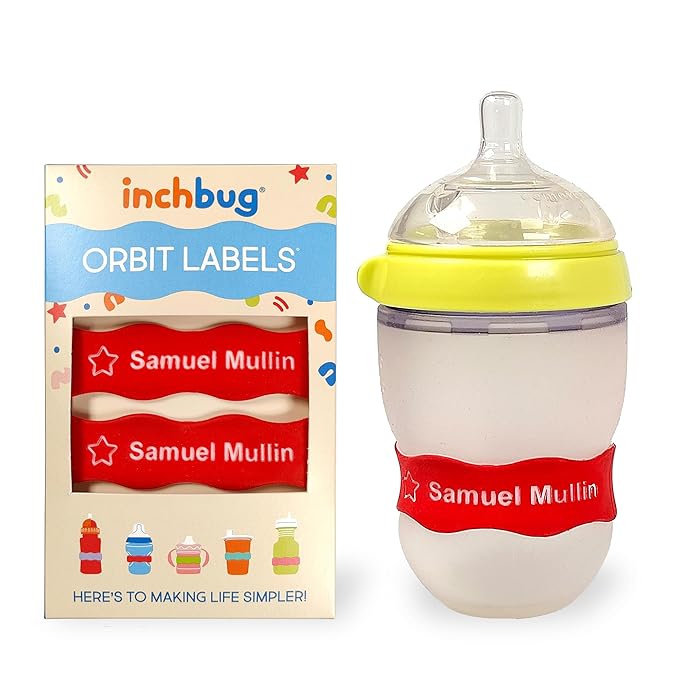 InchBug Orbit Labels - Baby Bottle Name Labels for Daycare, Sippy Cup Bands - Engraved Silicone, Reusable, Dishwasher Safe, White Contrasting Personalization, 4-Pack (Fire Truck Red)